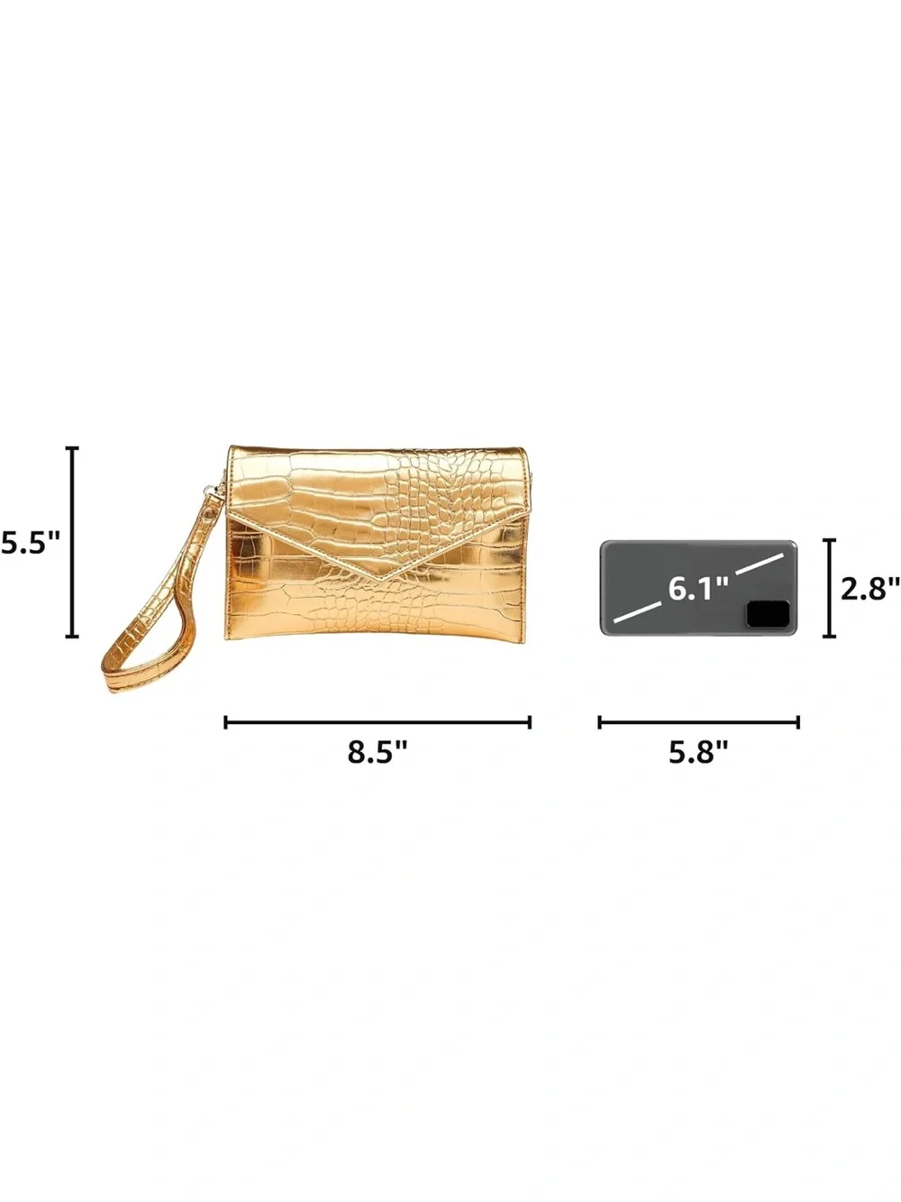 Gold Metallic Croc Embossed Envelope Clutch Wristlet Purse